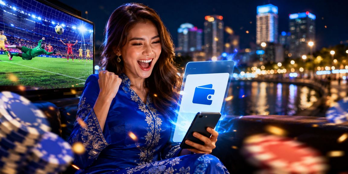 Pengguna berbaju kurung menggunakan apl kasino di Pulau Pinang dengan telefon pintar